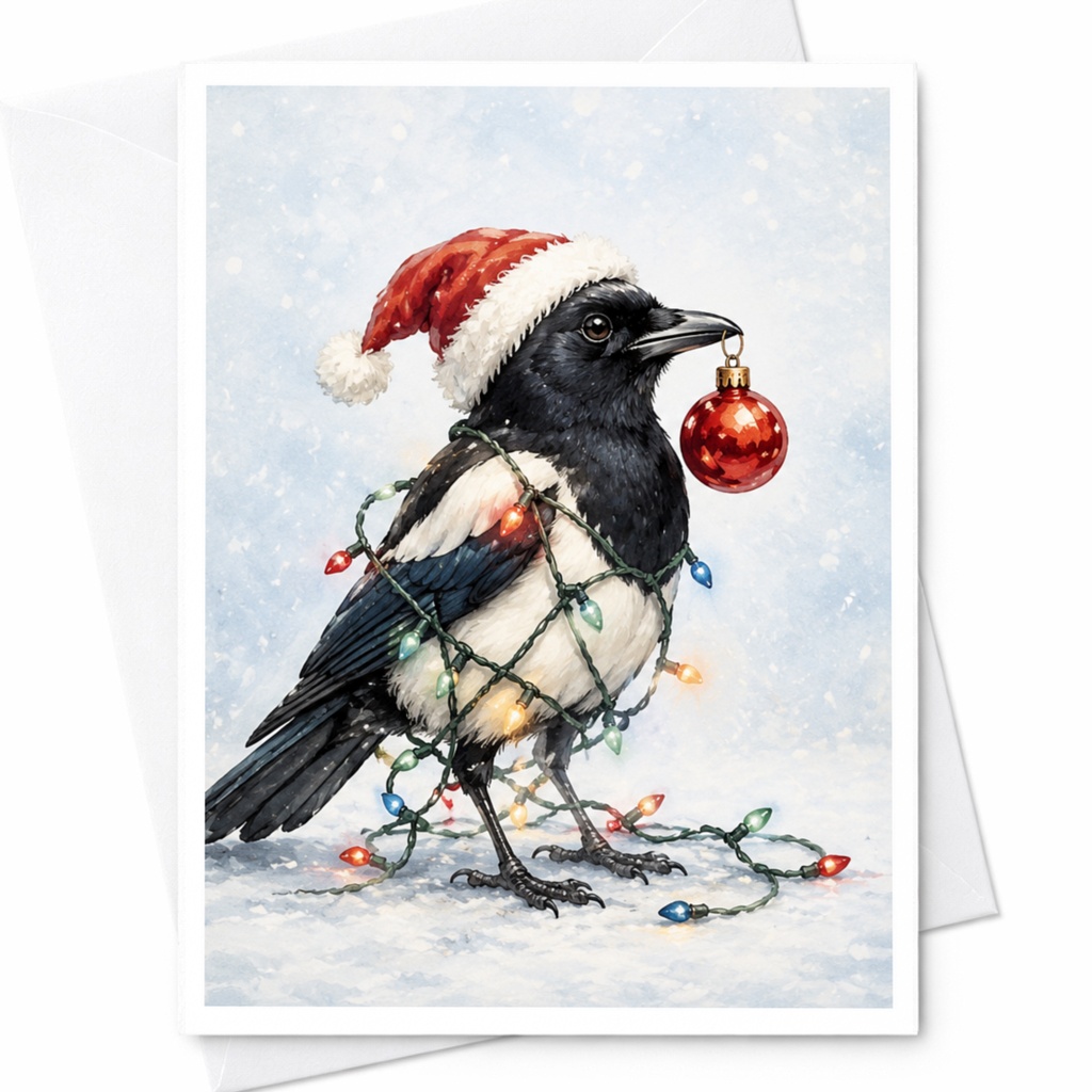 Festive Magpie Christmas Card Cute Bird With Santa Hat Holiday Greeting Card For Family Friends Colleagues Fun Xmas Card C4292