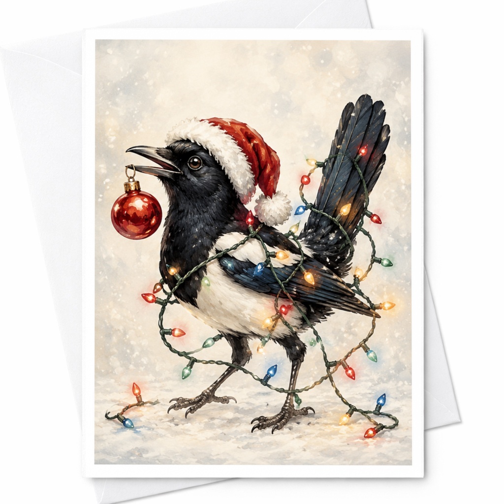 Festive Magpie Christmas Card Cute Bird Holiday Greeting Card Santa Hat Lights For Family Friends Seasonal Celebration C4293