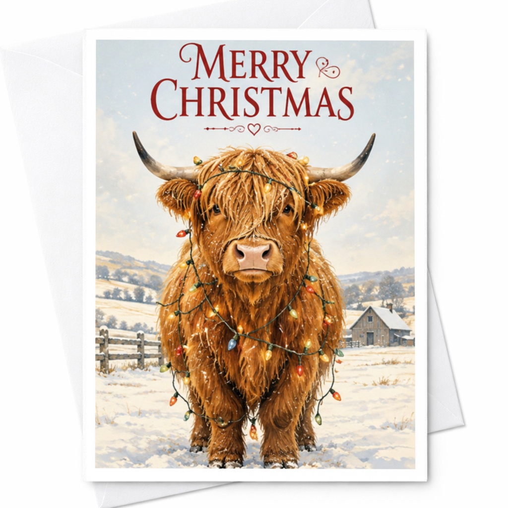 Merry Christmas Highland Cow Card Cute Christmas Card For Animal Lover Festive Holiday Greeting Card With Lights C4298