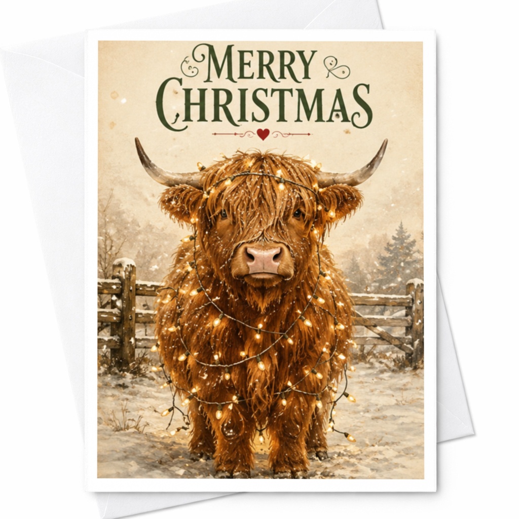 Merry Christmas Highland Cow Card Cute Animal Christmas Card Festive Holiday Greeting Card For Animal Lover Rustic Winter Scene C4299