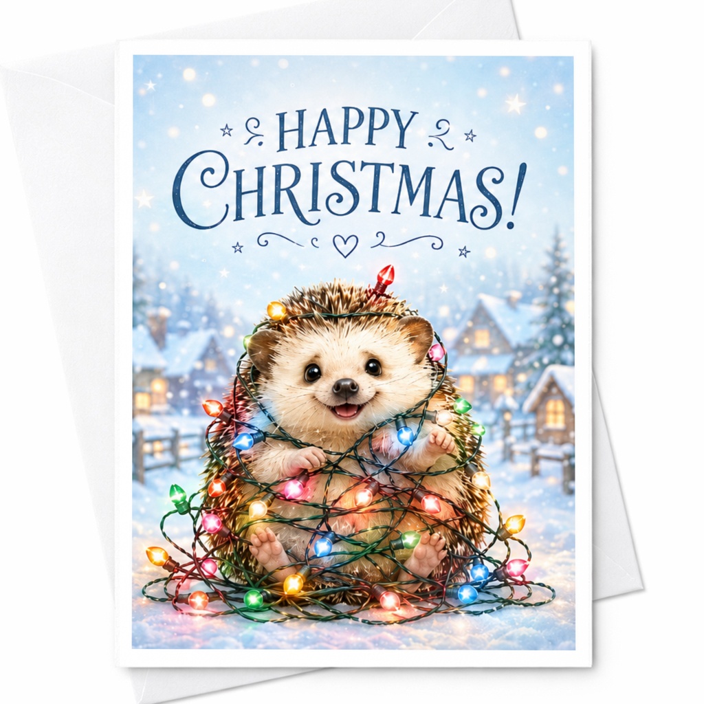 Happy Christmas! Cute Hedgehog Christmas Card Festive Holiday Greeting Card Adorable Animal Lights Winter Scene C4303