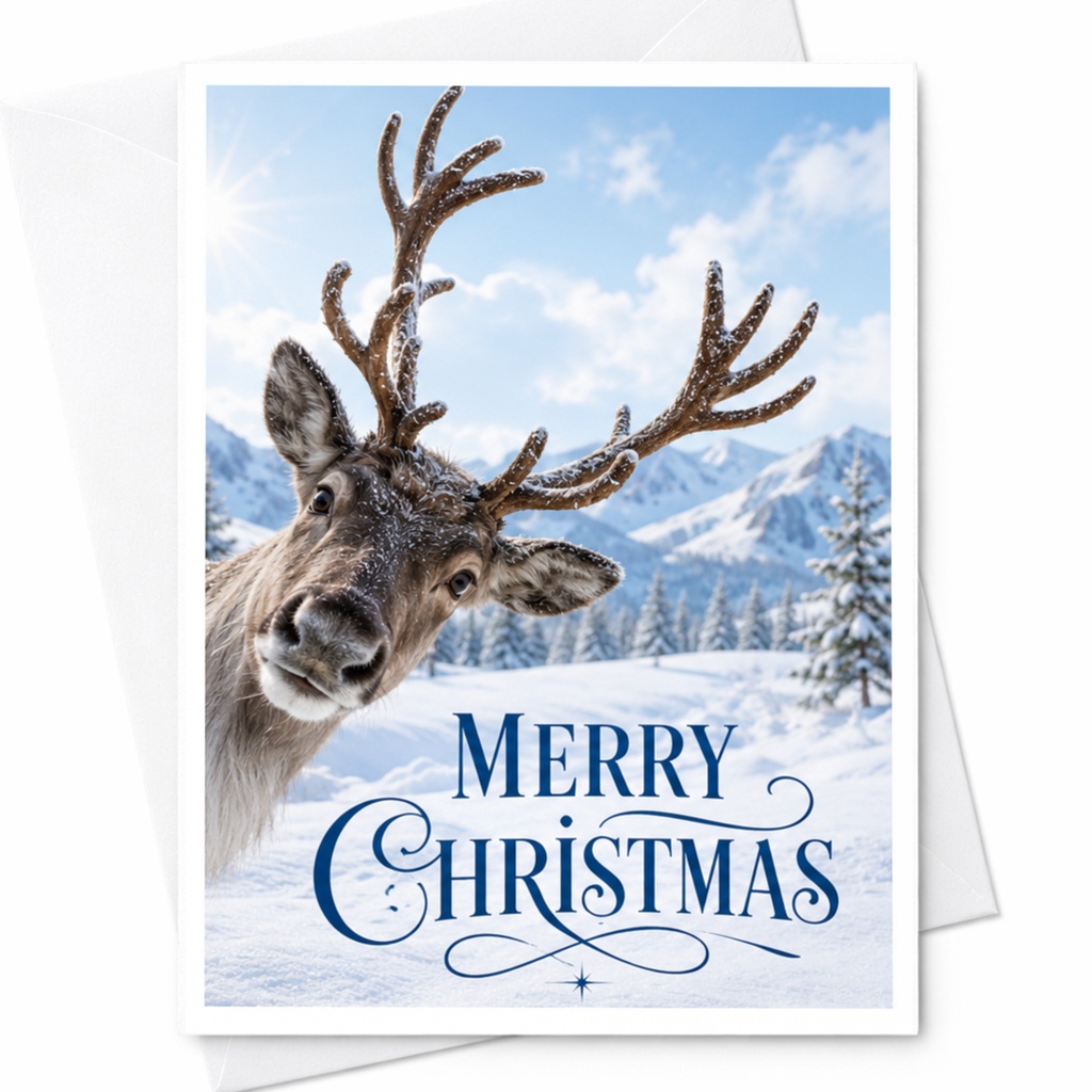 Merry Christmas Reindeer Card Fun Holiday Greeting Card Winter Scene Christmas Card For Him Her Family Cute Animal Card C4304