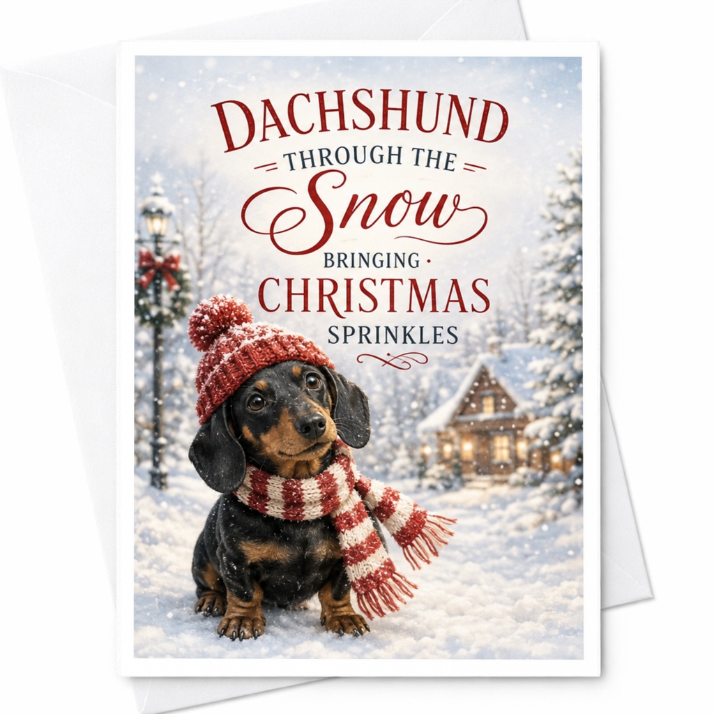 Dachshund Through The Snow Bringing Christmas Sprinkles Cute Christmas Card Dog Lover Holiday Greeting Card Winter Scene C4306