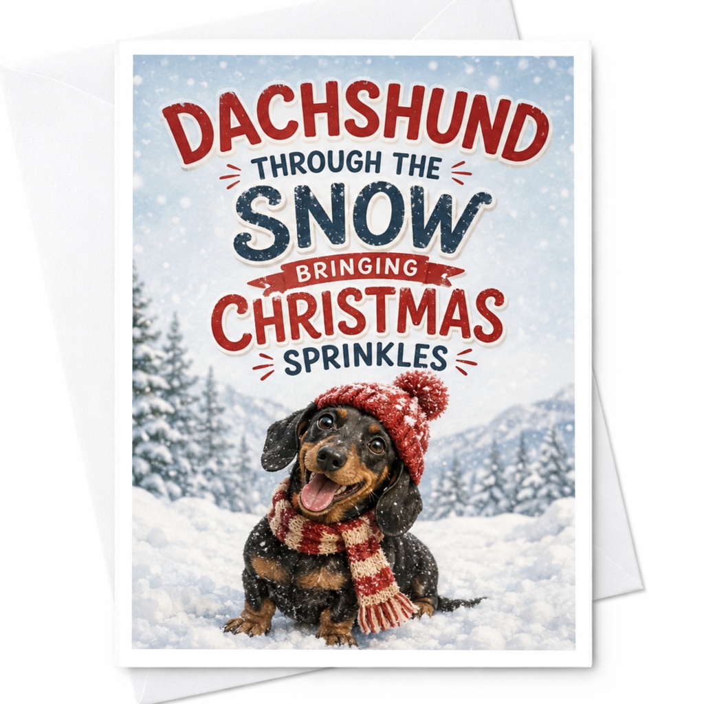 Dachshund Through The Snow Bringing Christmas Sprinkles Cute Christmas Card Dog Lover Holiday Greeting Card Funny Festive Card C4307