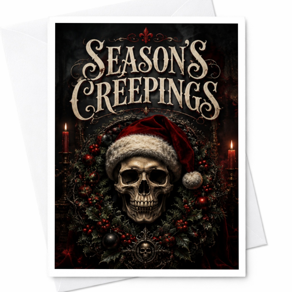 Season's Creepings Gothic Christmas Card Skull Santa Hat Wreath Dark Holiday Greeting Card For Horror Lover Spooky Xmas C4311