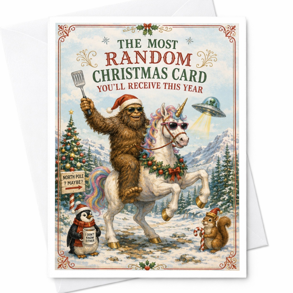 The Most Random Christmas Card You'll Receive This Year Funny Holiday Card Sasquatch Unicorn Quirky Xmas Card For Friends Family C4317