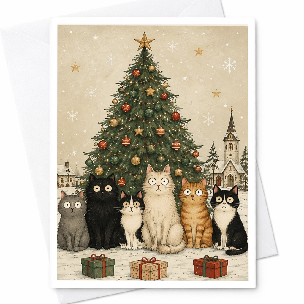 Watercolor Cats Christmas Card Whimsical Holiday Greeting Card Cute Cat Lover Xmas Card Festive Winter Scene For Family Friends C4319