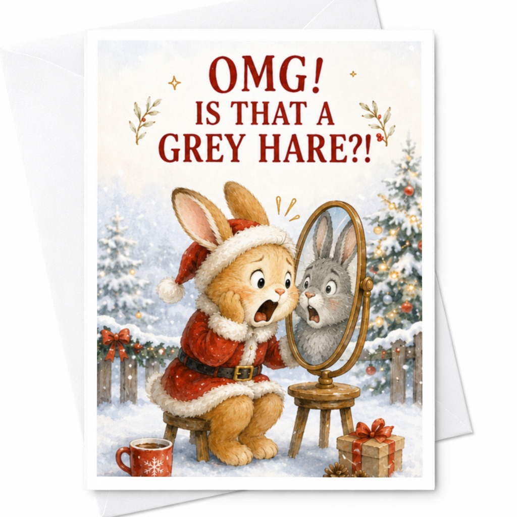 Omg! Is That A Grey Hare?! Funny Christmas Card Cute Rabbit Holiday Greeting Card For Friends Santa Bunny Xmas Card C4323