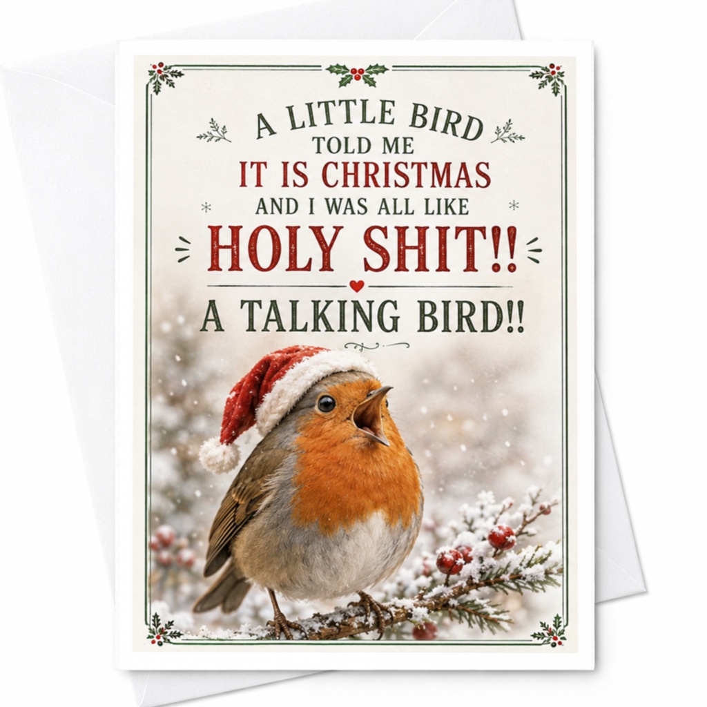 A Little Bird Told Me It Is Christmas Funny Christmas Card Talking Bird Holiday Cute Santa Hat Greeting Card C4324