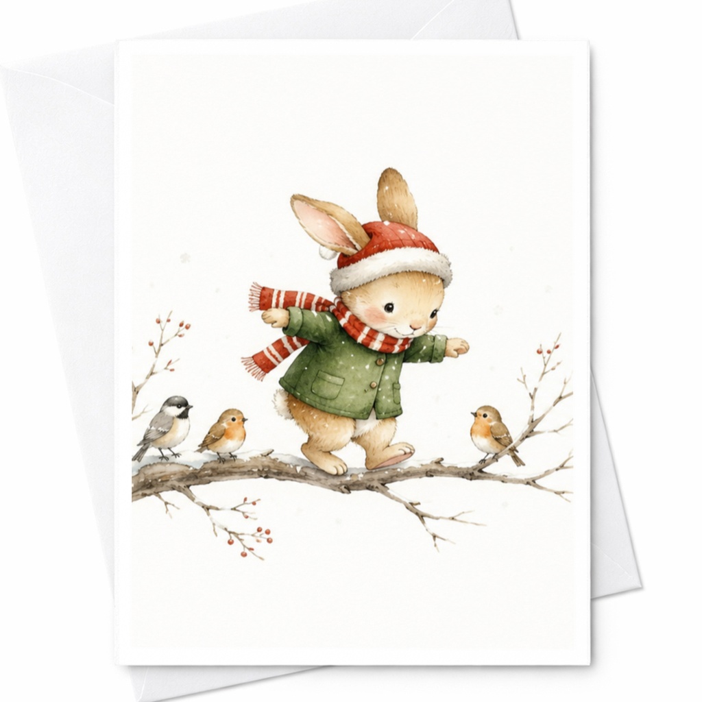 Festive Rabbit And Birds Christmas Greeting Card Cute Holiday Card For Family And Friends Winter Animal Card Seasonal Wishes C4330