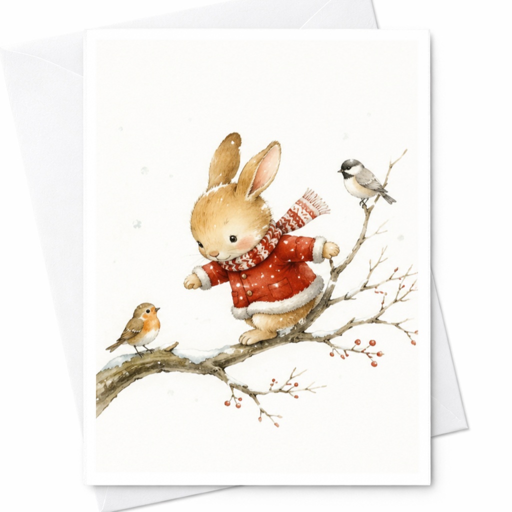 Festive Rabbit And Birds Christmas Greeting Card Cute Animal Holiday Card For Family And Friends Winter Scene C4331