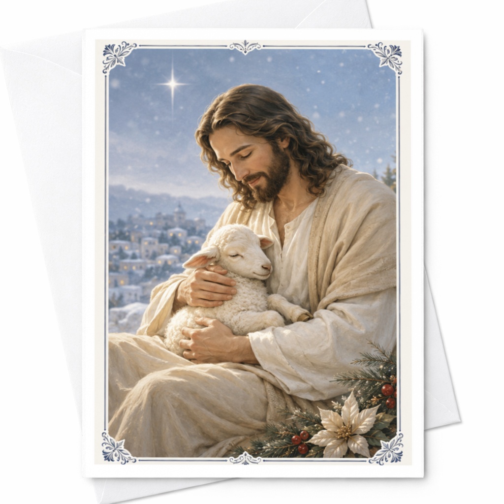 Jesus Holding Lamb Christmas Card Religious Holiday Greeting Card Inspirational Christian Card Spiritual Message C4333