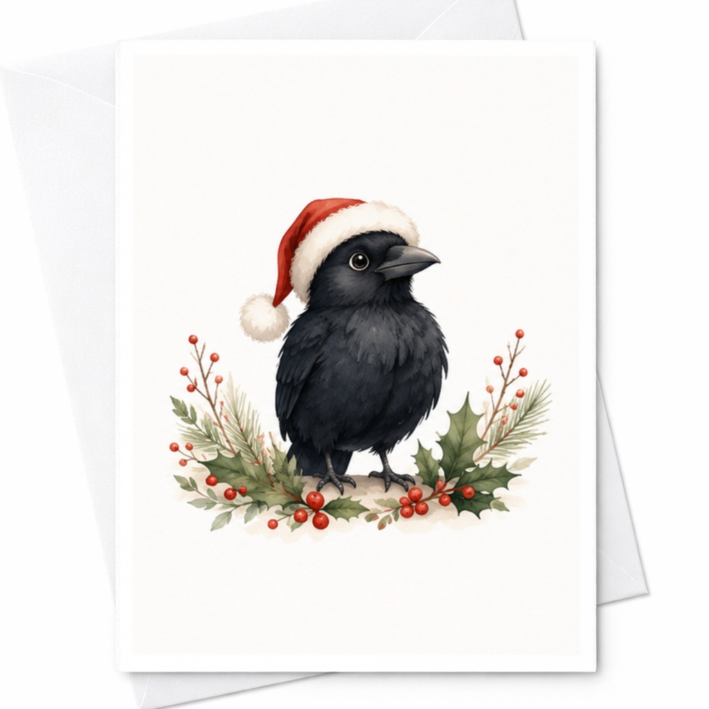 Crow With Santa Hat Christmas Card Cute Holiday Greeting Card For Bird Lover Festive Winter Card With Holly Illustration C4338