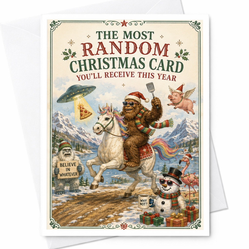 The Most Random Christmas Card You'll Receive This Year Funny Christmas Card Sasquatch Unicorn Holiday Quirky Xmas Card C4316