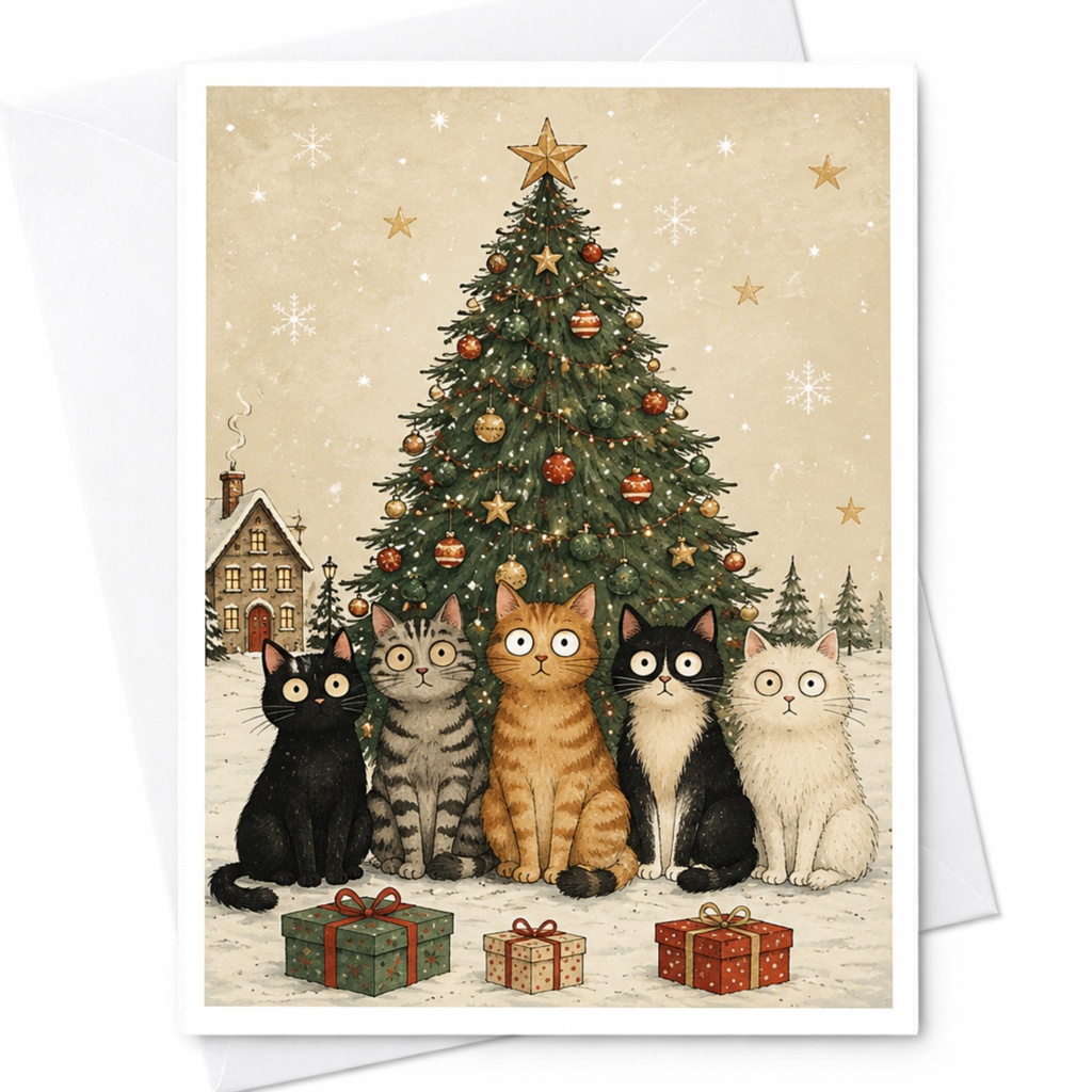 Whimsical Cats Christmas Card Festive Holiday Greeting Card Cute Cat Lover Xmas Card Winter Scene With Tree And Gifts C4318