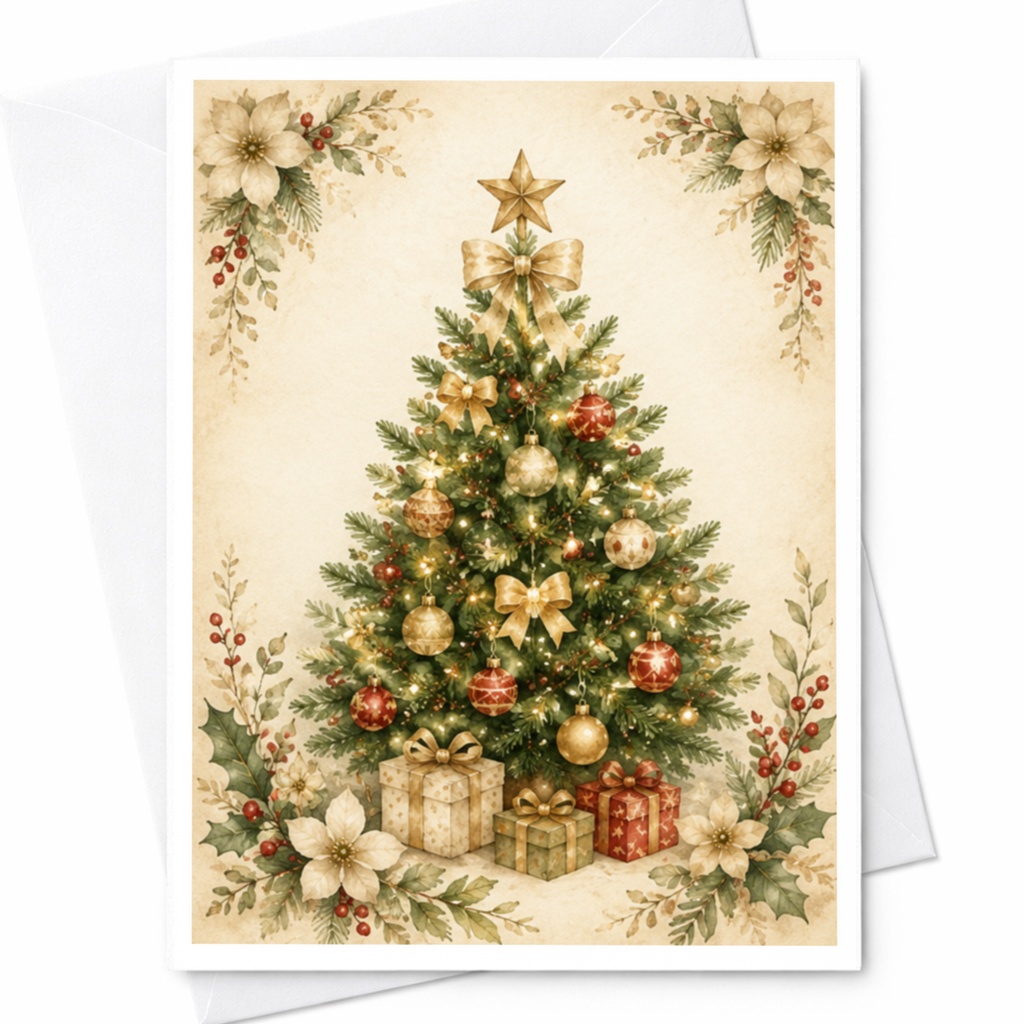 Vintage Christmas Tree Greeting Card Holiday Card Festive Winter Scene With Ornaments And Gifts For Family And Friends C4321