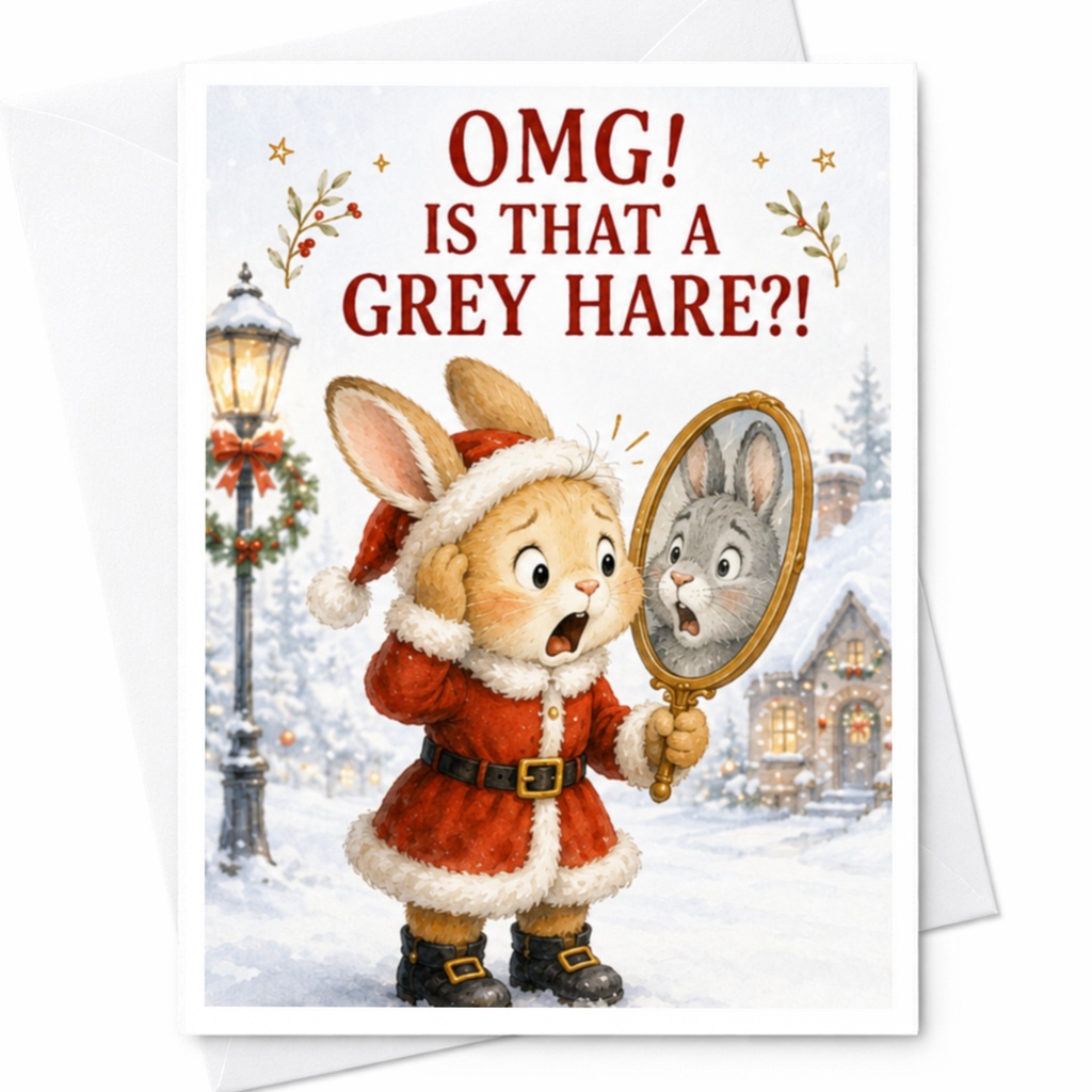 Omg! Is That A Grey Hare?! Funny Christmas Card Cute Rabbit Santa Holiday Greeting Card For Friends Family C4322