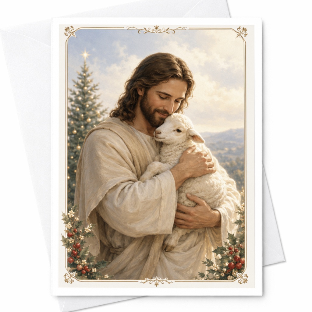 Jesus Holding Lamb Christmas Card Religious Holiday Greeting Card Spiritual Art For Loved Ones Inspirational Christian Card C4332