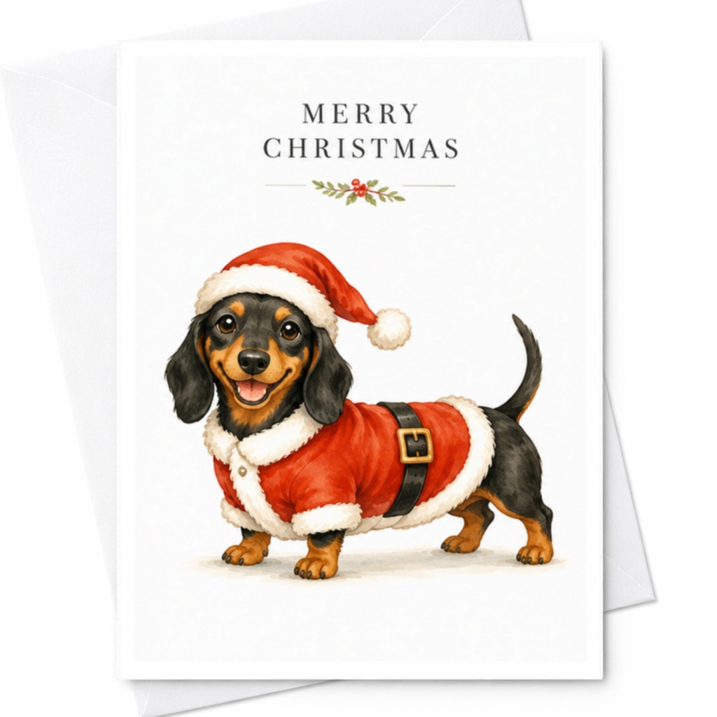 Merry Christmas Dachshund Christmas Card Cute Dog Lover Holiday Greeting Card Santa Outfit Festive Pet Lover Card C4334