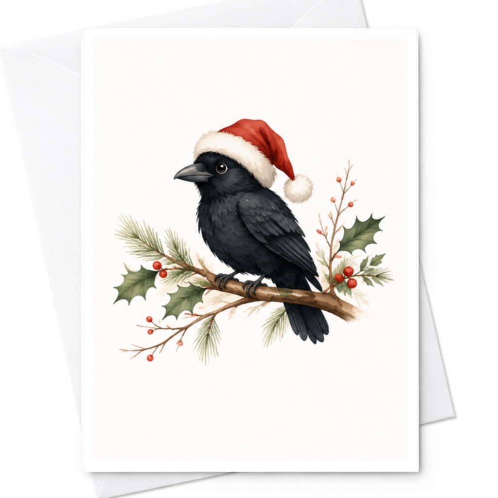 Crow With Santa Hat Christmas Card Festive Bird Greeting Card Holiday Card For Nature Lover Cute Winter Scene C4339
