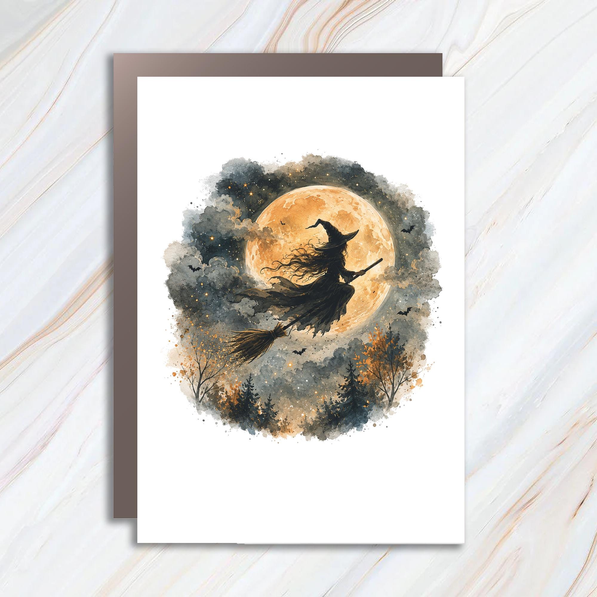 Witch Flying Halloween Card Full Moon Scene Spooky Greeting Card For Halloween Lovers Witchcraft Art Card C931