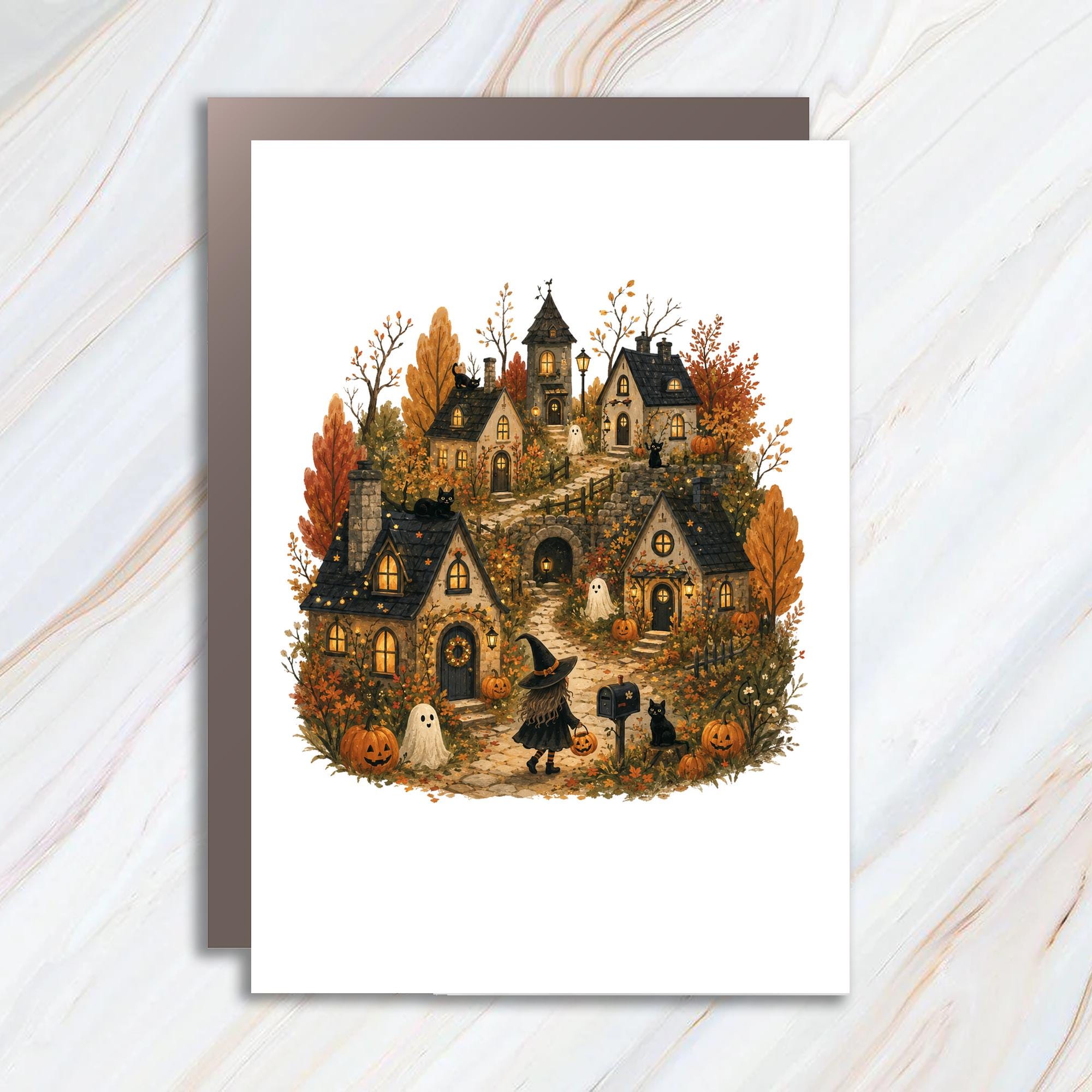 Halloween Village Scene Greeting Card Cute Witch Black Cats Pumpkins Autumn Illustration Spooky Fall Card For Halloween C932