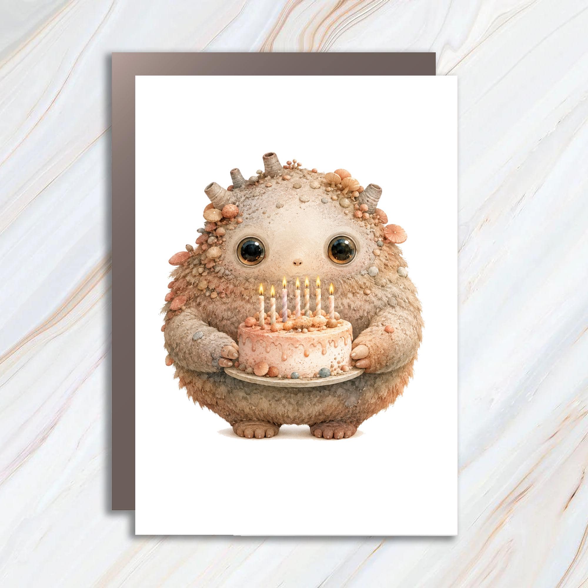 Cute Monster Birthday Card Adorable Creature With Cake Fun Greeting Card For Kids Whimsical Art Illustration C935