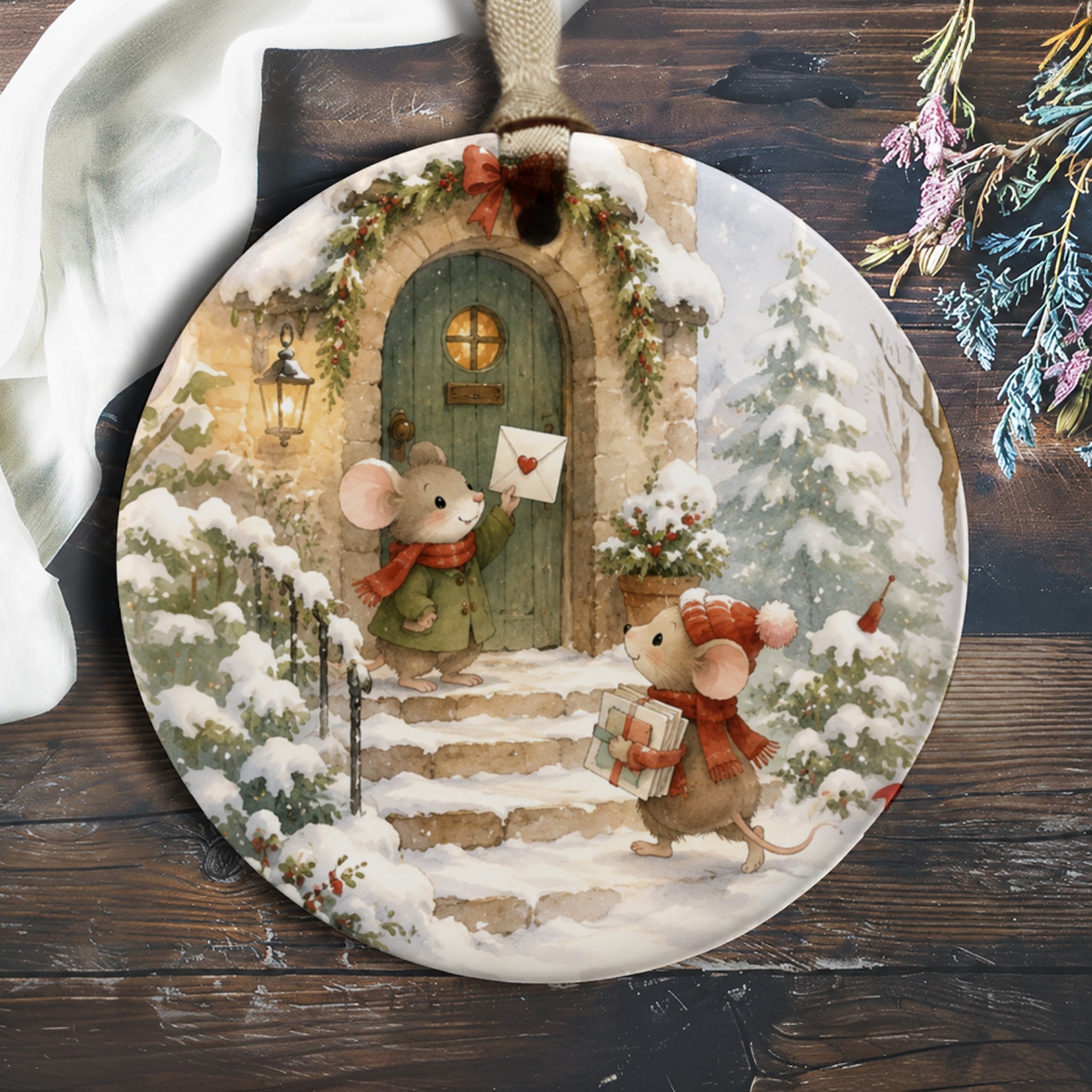 Christmas Ornament Cute Mice With Gifts Winter Scene Holiday Decor Snowy House Adorable Animal Lovers Gift O125