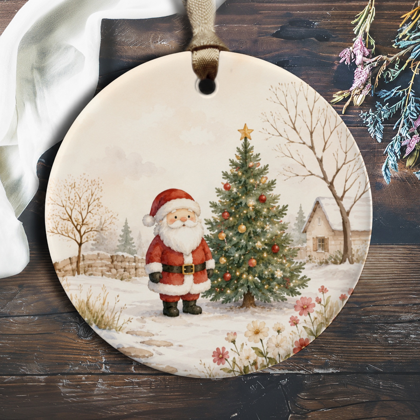 Santa And Christmas Tree Ornament Festive Holiday Decor Winter Wonderland Scene Cute Christmas Decoration Gift O127