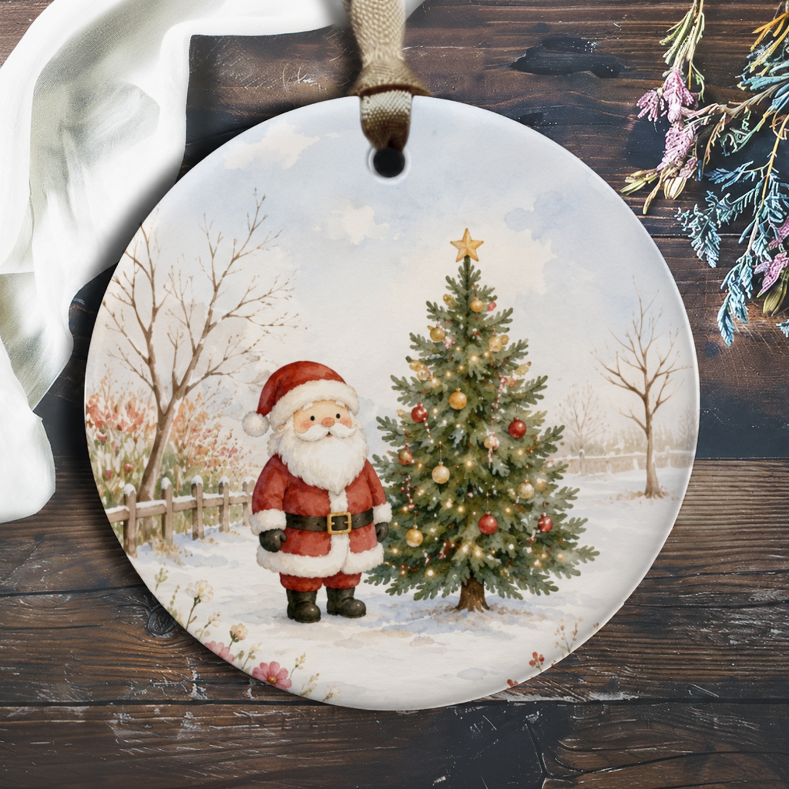 Santa And Christmas Tree Ornament Festive Holiday Decor Winter Wonderland Scene Christmas Decoration Gift O128
