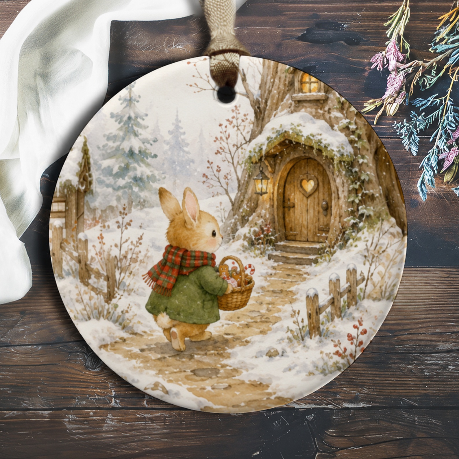 Winter Bunny Scene Christmas Ornament Woodland Animal Decor Cute Holiday Decoration For Nature Lover Rustic Home Decor O129