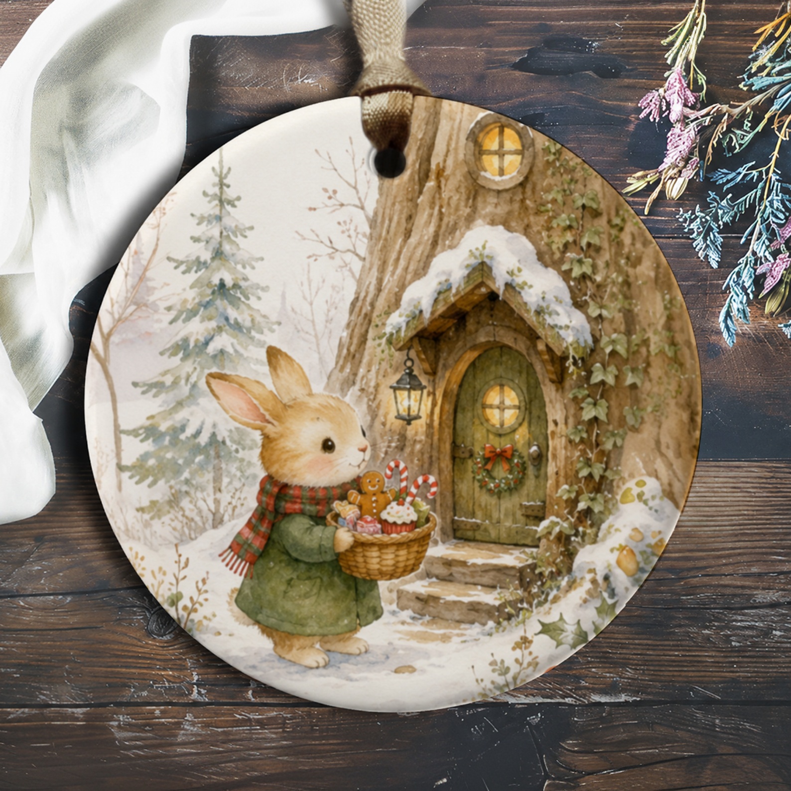 Christmas Bunny Ornament Cute Winter Scene Holiday Decor Woodland Animal Ornament For Tree Festive Home Decoration O130