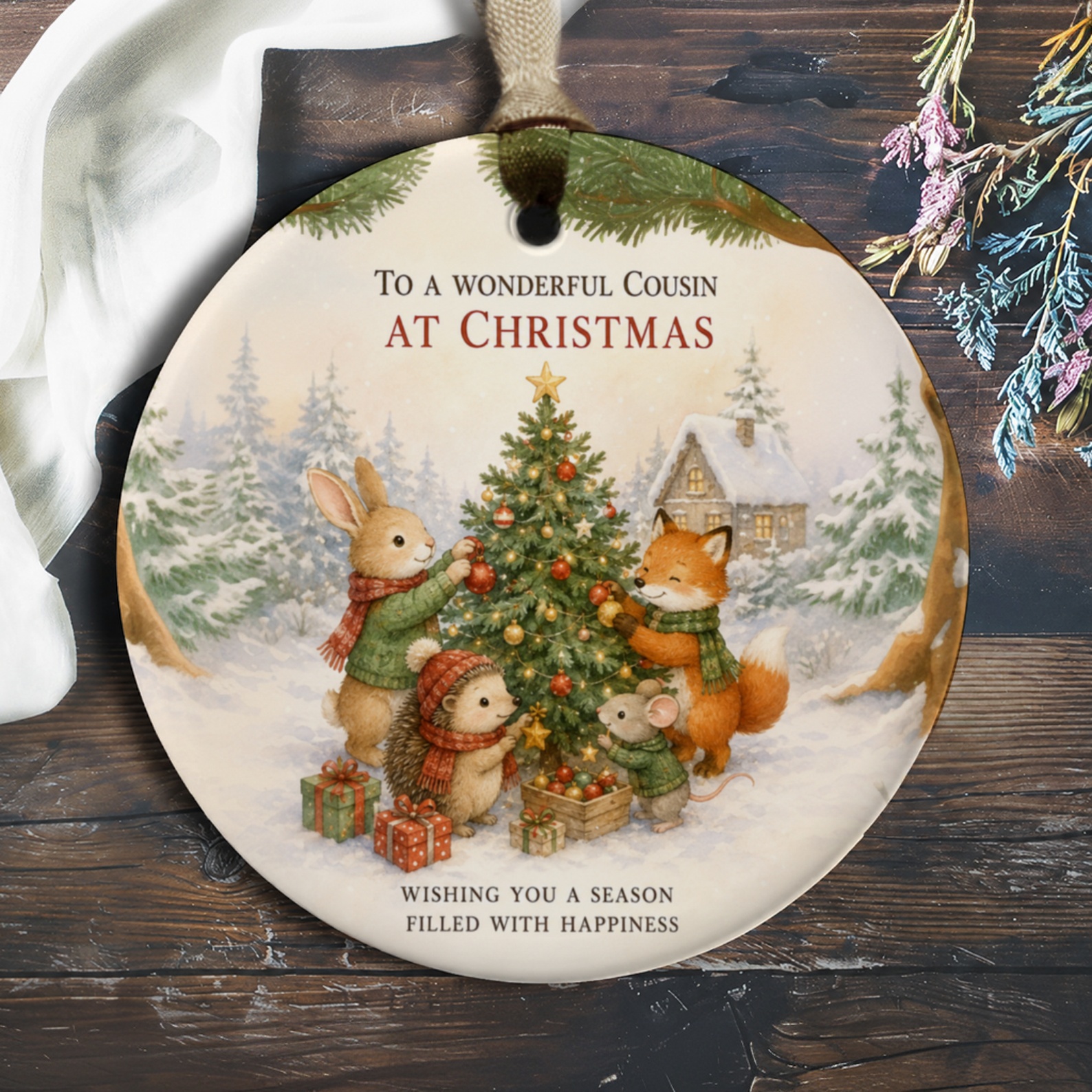 To A Wonderful Cousin At Christmas Ornament Cute Animal Christmas Tree Decoration Holiday Gift For Cousin Festive Winter Scene O140