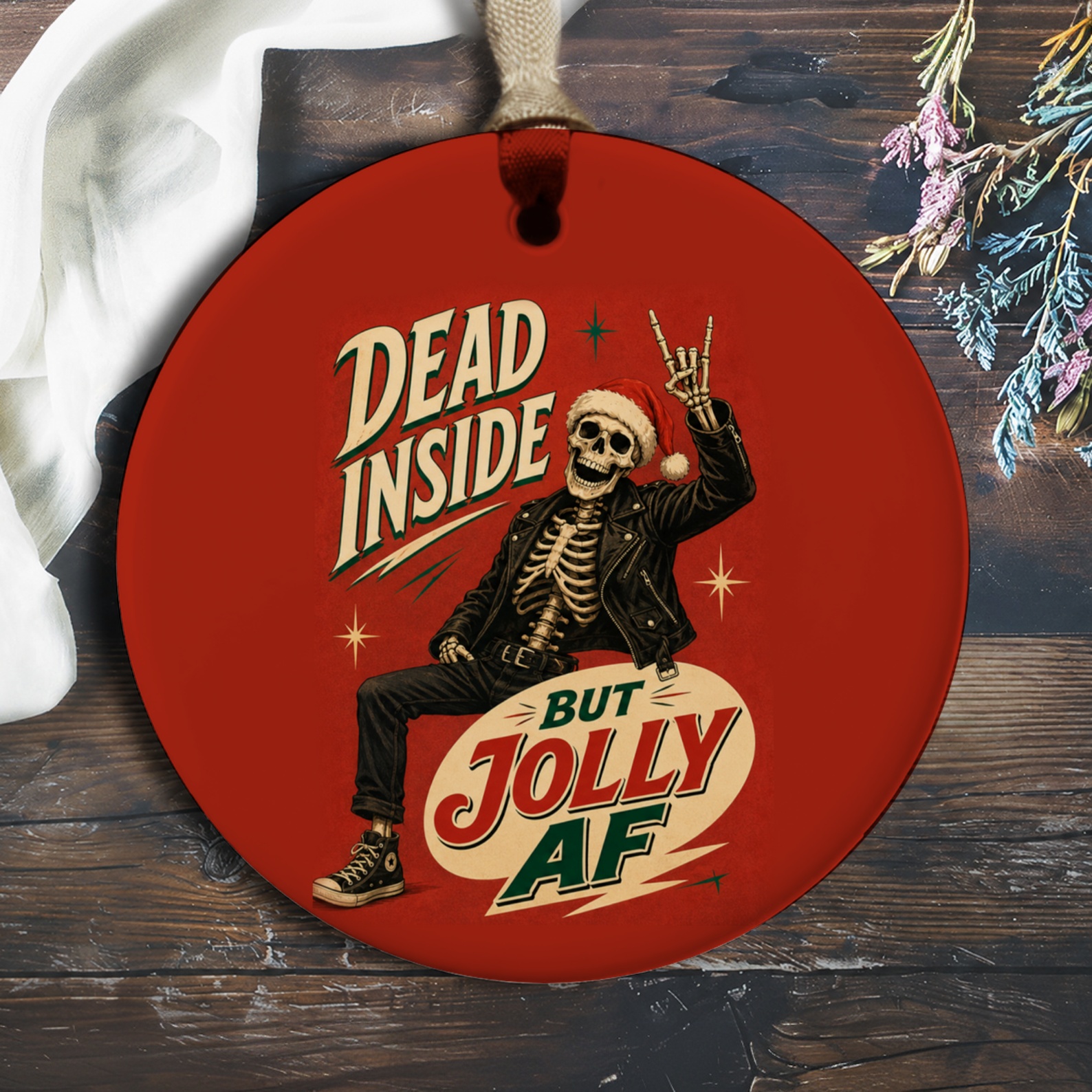 Dead Inside But Jolly Af Funny Christmas Ornament Skeleton Santa Hat Holiday Decor Unique Gift O142