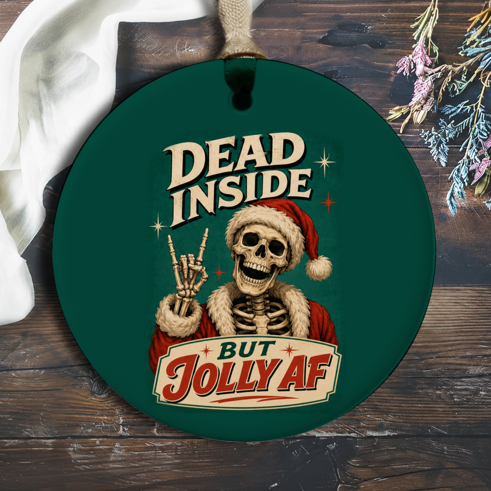 Dead Inside But Jolly Af Funny Christmas Ornament Skeleton Santa Holiday Decor Xmas Gift O143