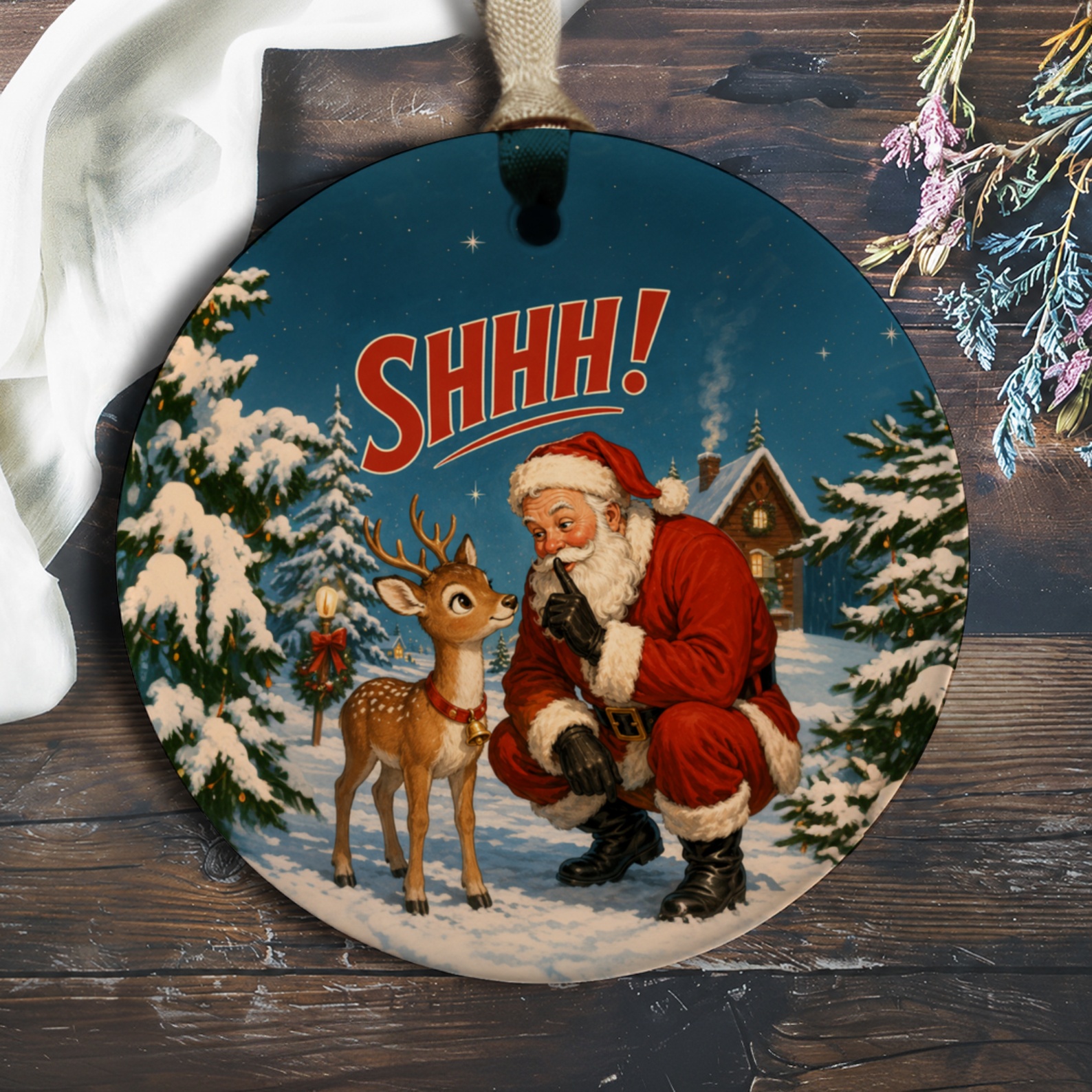 Shhh! Santa And Reindeer Christmas Ornament Vintage Style Holiday Decor Festive Tree Decoration Winter Wonderland O158