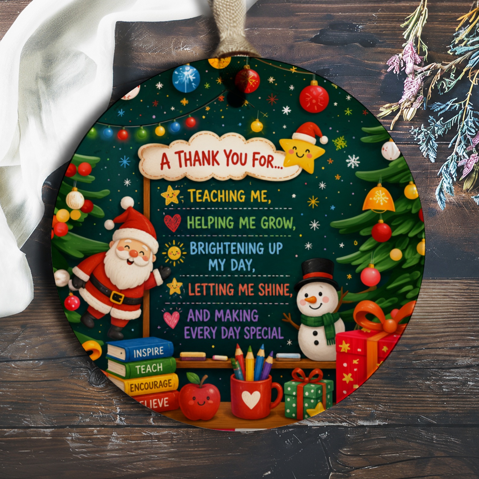 A Thank You For Teaching Me Ornament Christmas Teacher Appreciation Gift Santa Snowman Holiday Decor Festive Tree Decoration O162
