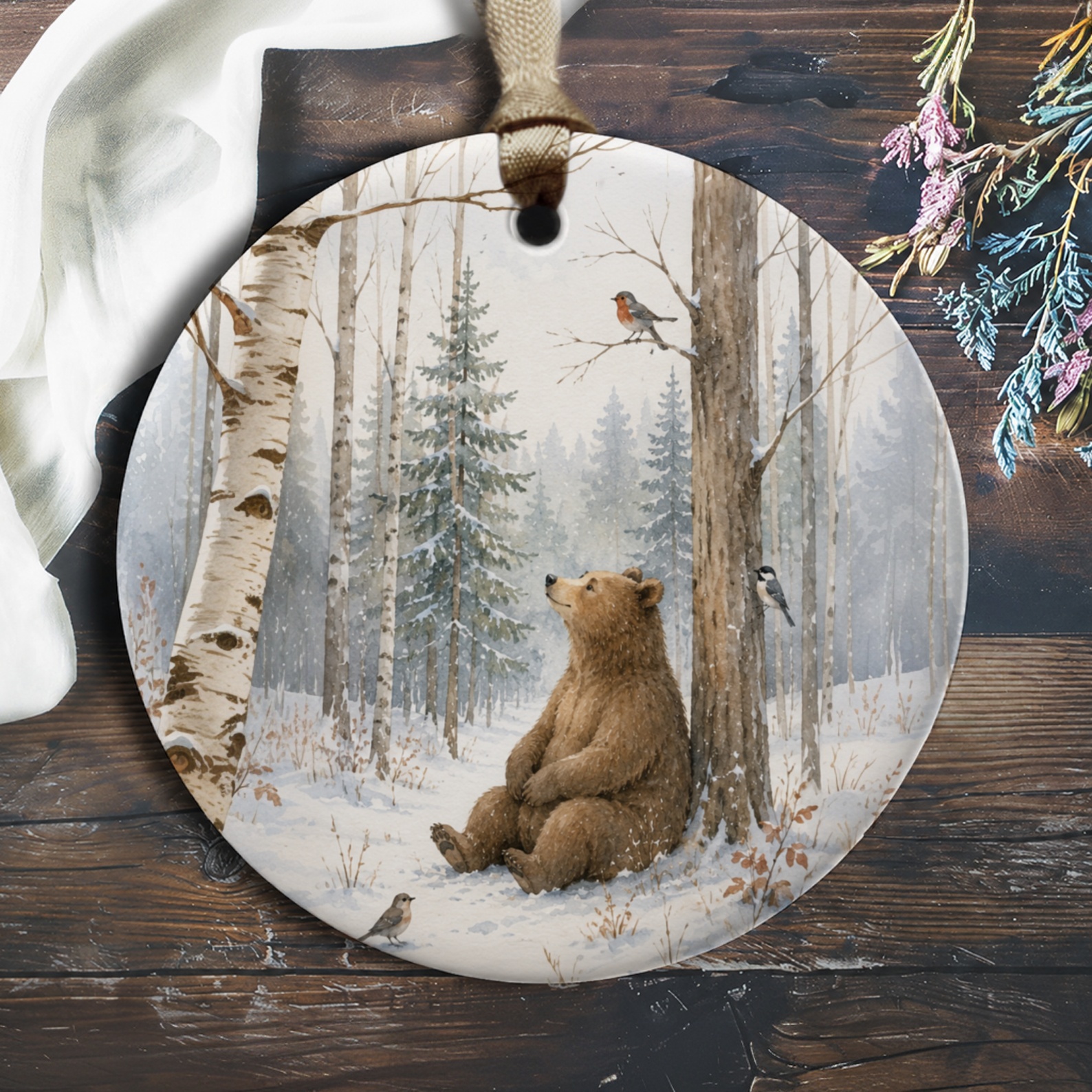 Bear In Snowy Forest Ornament Winter Decor Woodland Animal Art Christmas Tree Decoration Nature Lover Gift O164