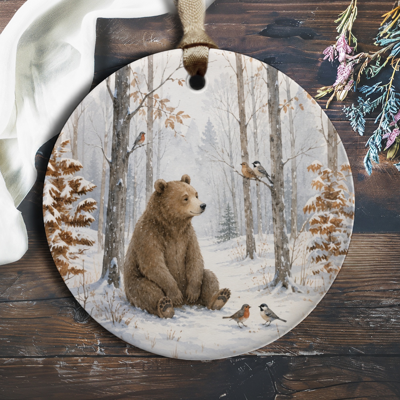 Bear In Snowy Forest Ornament Winter Decor Woodland Animal Ornament Nature Lover Gift Rustic Christmas Ornament O165