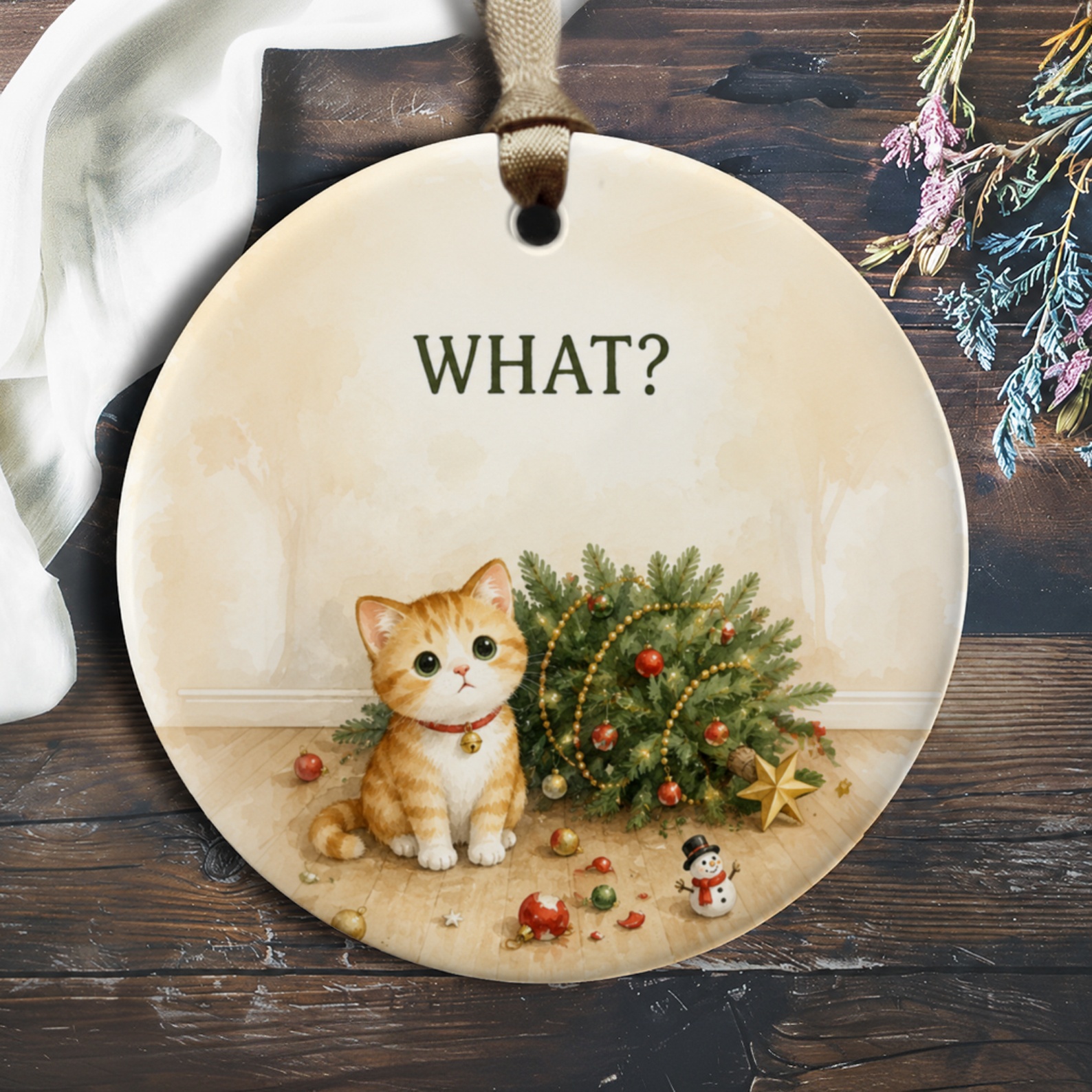 What? Funny Cat Christmas Ornament Cute Holiday Decor Kitty With Tree Adorable Pet Lover Gift Festive Decoration O134