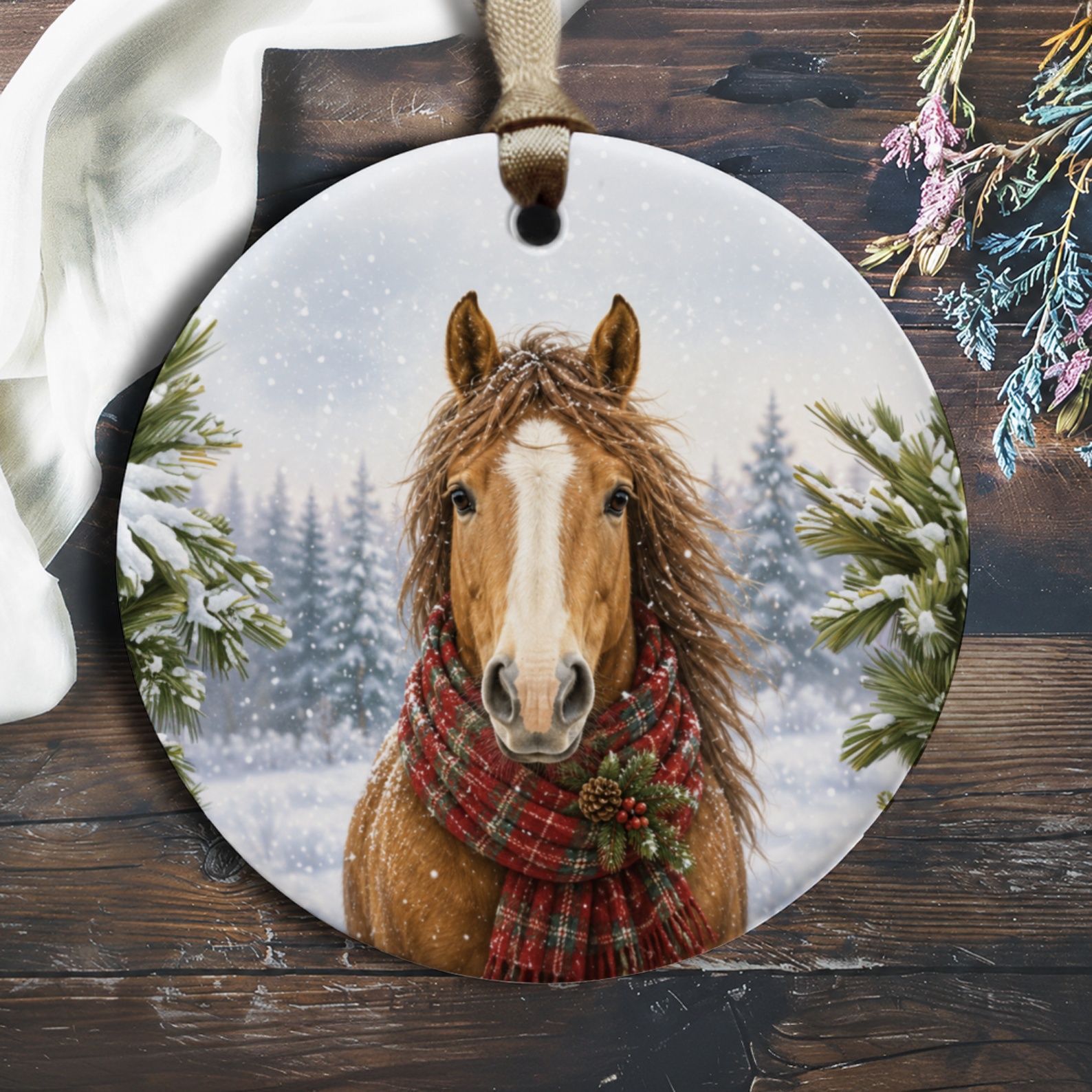 Horse In Winter Scarf Christmas Ornament Rustic Holiday Decor Animal Lover Gift Snowy Scene Plaid Scarf Pine Trees O170
