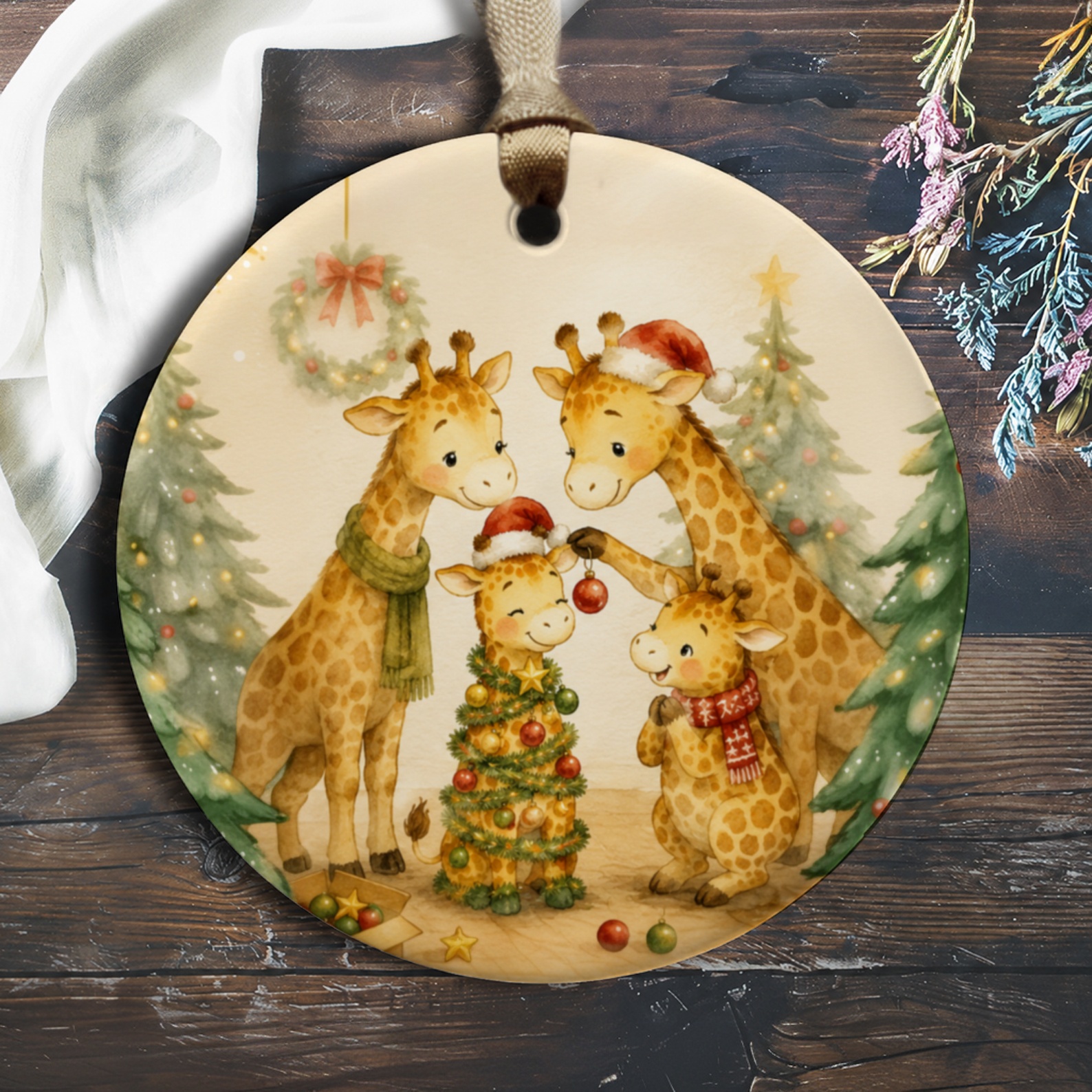 Giraffe Family Christmas Ornament Cute Holiday Decor Animal Lover Festive Tree Decoration Adorable Winter Scene Ornament O138