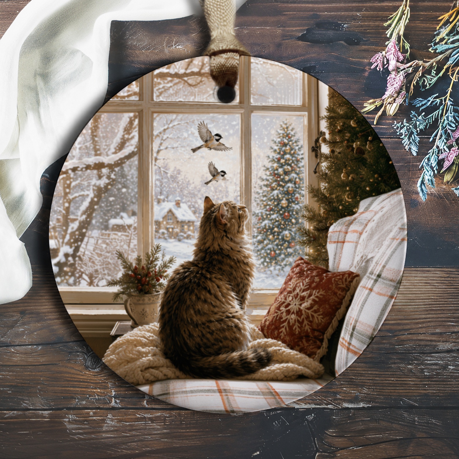 Cat And Birds Winter Scene Christmas Ornament Cozy Holiday Decor For Cat Lovers Festive Home Decoration Gift O145