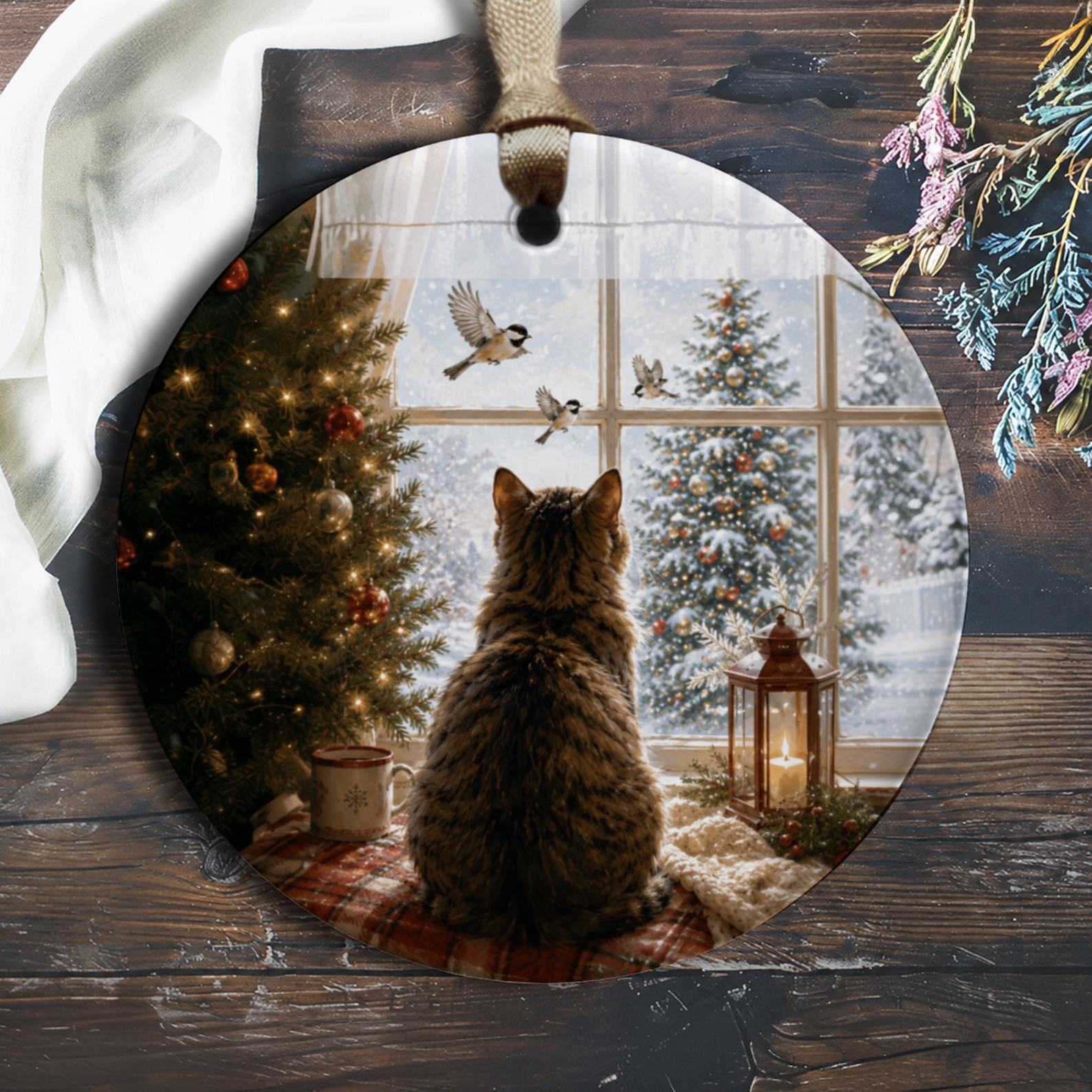 Cat By Christmas Window Ornament Cozy Winter Scene Holiday Decor For Cat Lovers Festive Tree Decoration Cute Animal Ornament O146