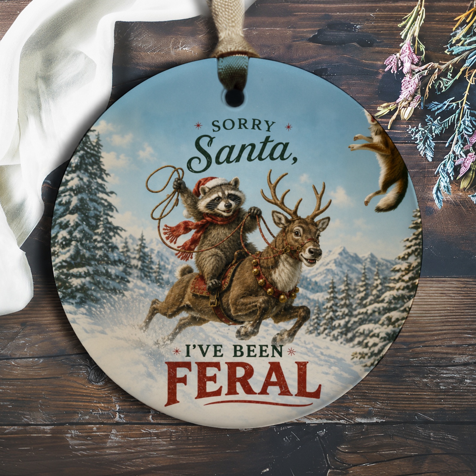 Sorry Santa, I've Been Feral Funny Christmas Ornament Raccoon Riding Reindeer Holiday Decor Cute Animal Winter Scene O172