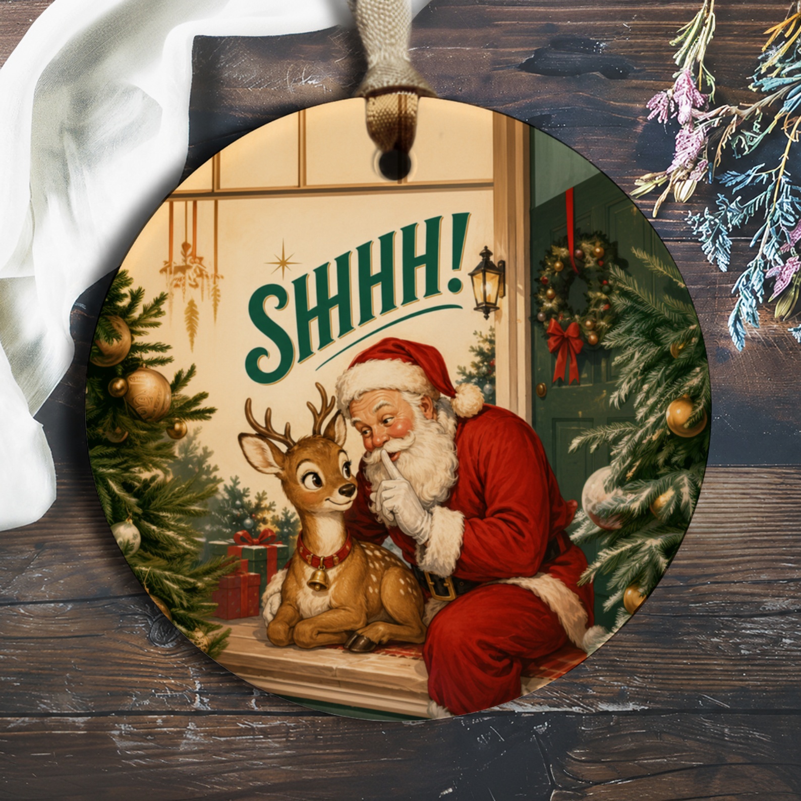Shhh! Christmas Ornament Santa And Reindeer Holiday Decor Festive Tree Decoration Vintage Style Xmas Ornament O157