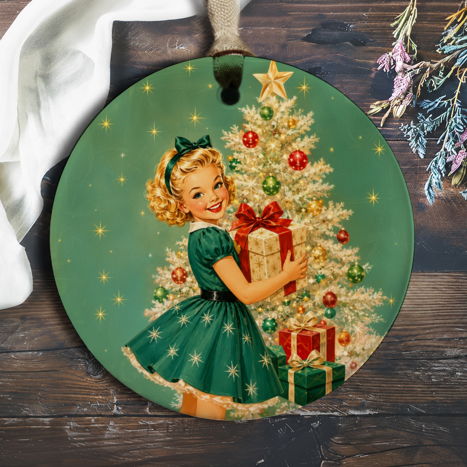 Vintage Christmas Ornament Retro Girl With Tree Holiday Decor Festive Gift Decoration Classic Style Christmas Ornament O159