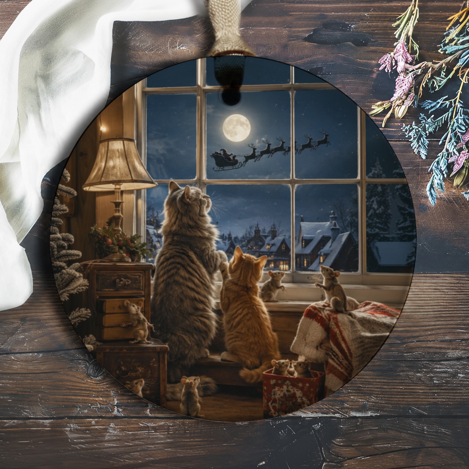 Cats And Mice Watching Santa Christmas Ornament Cute Holiday Decor Animal Lover Gift Festive Winter Scene Ornament O178