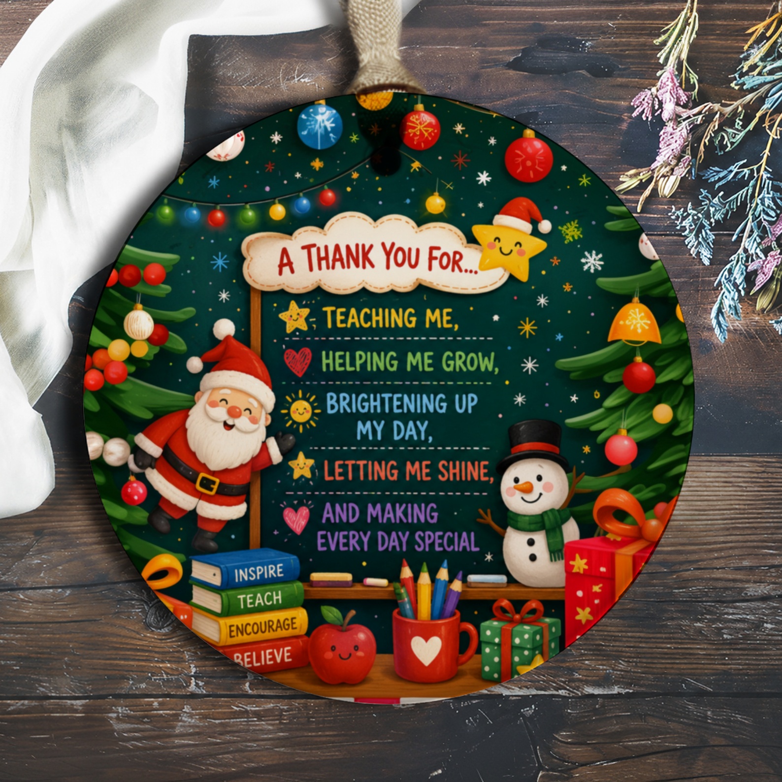 A Thank You For Teaching Me Ornament Christmas Teacher Appreciation Gift Santa Snowman Holiday Decor Festive Classroom O163