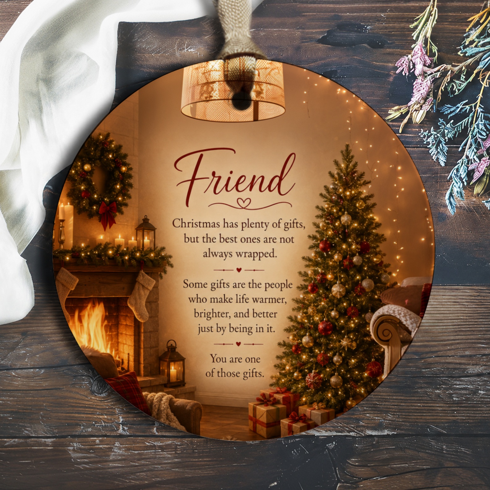 Friend Christmas Ornament Heartfelt Holiday Gift Warm Wishes Tree Decoration Cozy Fireplace Scene Festive Home Decor O167